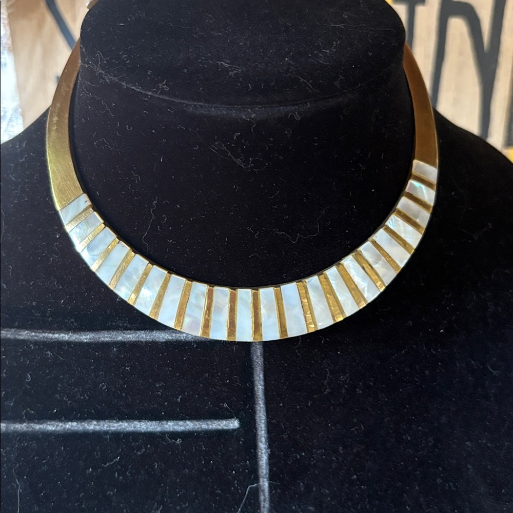 Brass Choker MOP Necklace Mother of Pearl Statement Collar 70s MCM